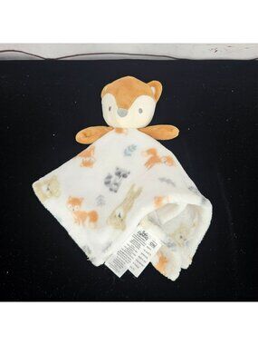 Plush Fox Baby Security Blanket With Forest Animal Print On White Background